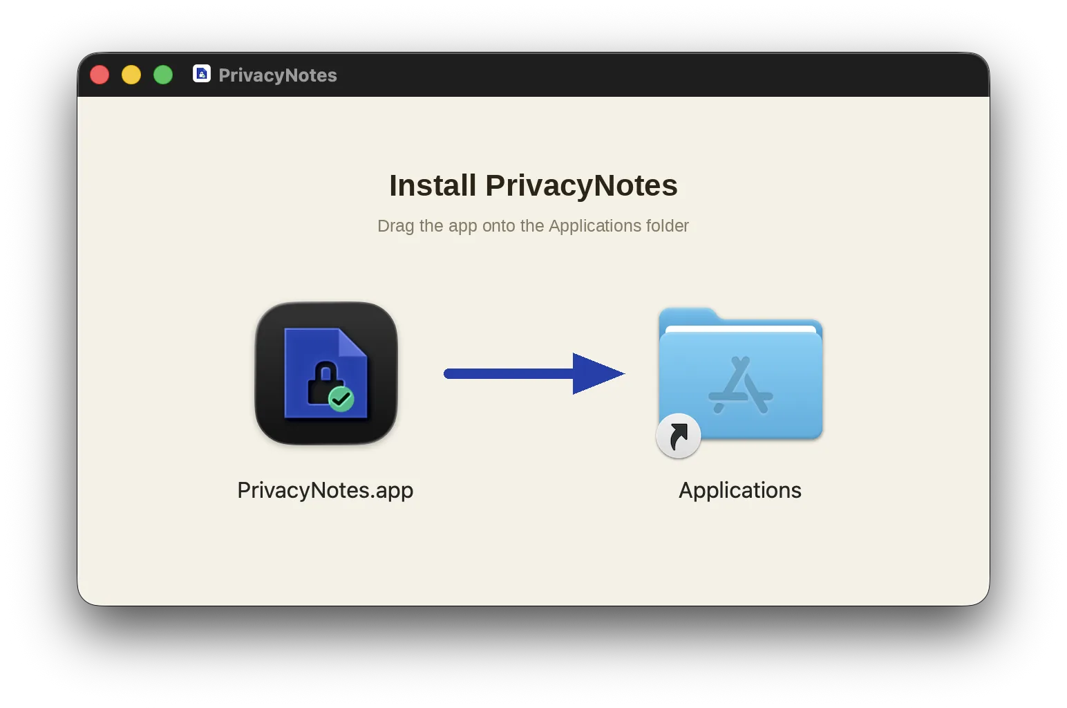 PrivacyNotes macOS DMG installer window with a drag-to-Applications layout